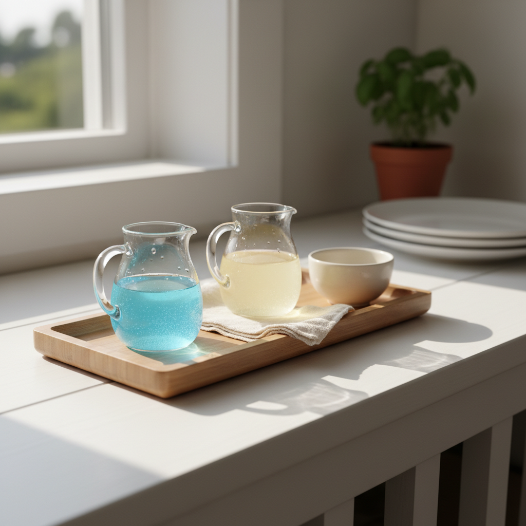 A practical life Montessori pouring activity arranged on a smooth white shelf in a real kitchen corner. A rectangular wooden tray holds two petite glass pitchers filled with tinted water, a folded cotton cloth, and a small ceramic bowl to catch spills. Behind, a few neatly stacked ceramic plates and a potted herb plant subtly indicate this is a functioning family kitchen. Late afternoon natural light from a side window casts soft highlights on the glass and gentle shadows across the counter. Photographic realism with an intimate close-up, shallow depth of field, and a calm, focused atmosphere that feels authentically lived-in.