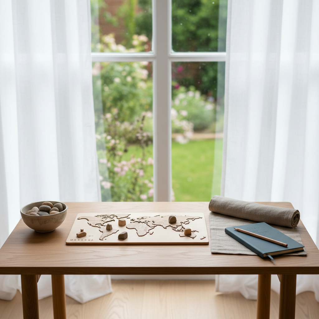 A minimalist Montessori-inspired work area set on a light oak child-sized table in front of a large window, overlooking a blurred garden. On the table rest a wooden puzzle map, a small ceramic bowl with natural stones, and a linen mat carefully rolled beside a slate-blue notebook. Natural daylight streams in, diffused by sheer curtains, highlighting the textures of wood, linen, and stone while leaving the background softly out of focus. Photographic realism, shot from a slightly elevated angle using rule-of-thirds composition, creating a serene, thoughtful mood that reflects simple, sophisticated home learning.