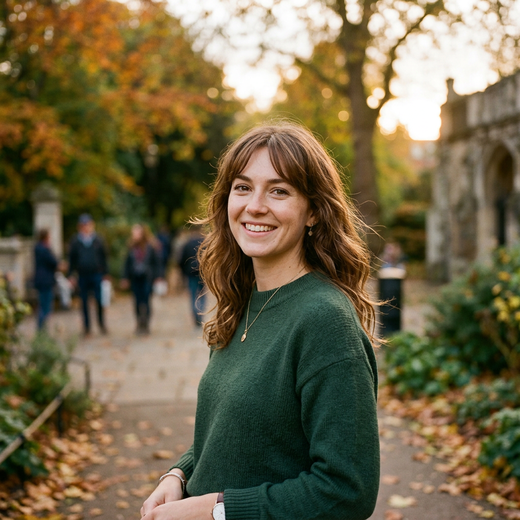 Smiling woman wearing a green sweater in an autumn park