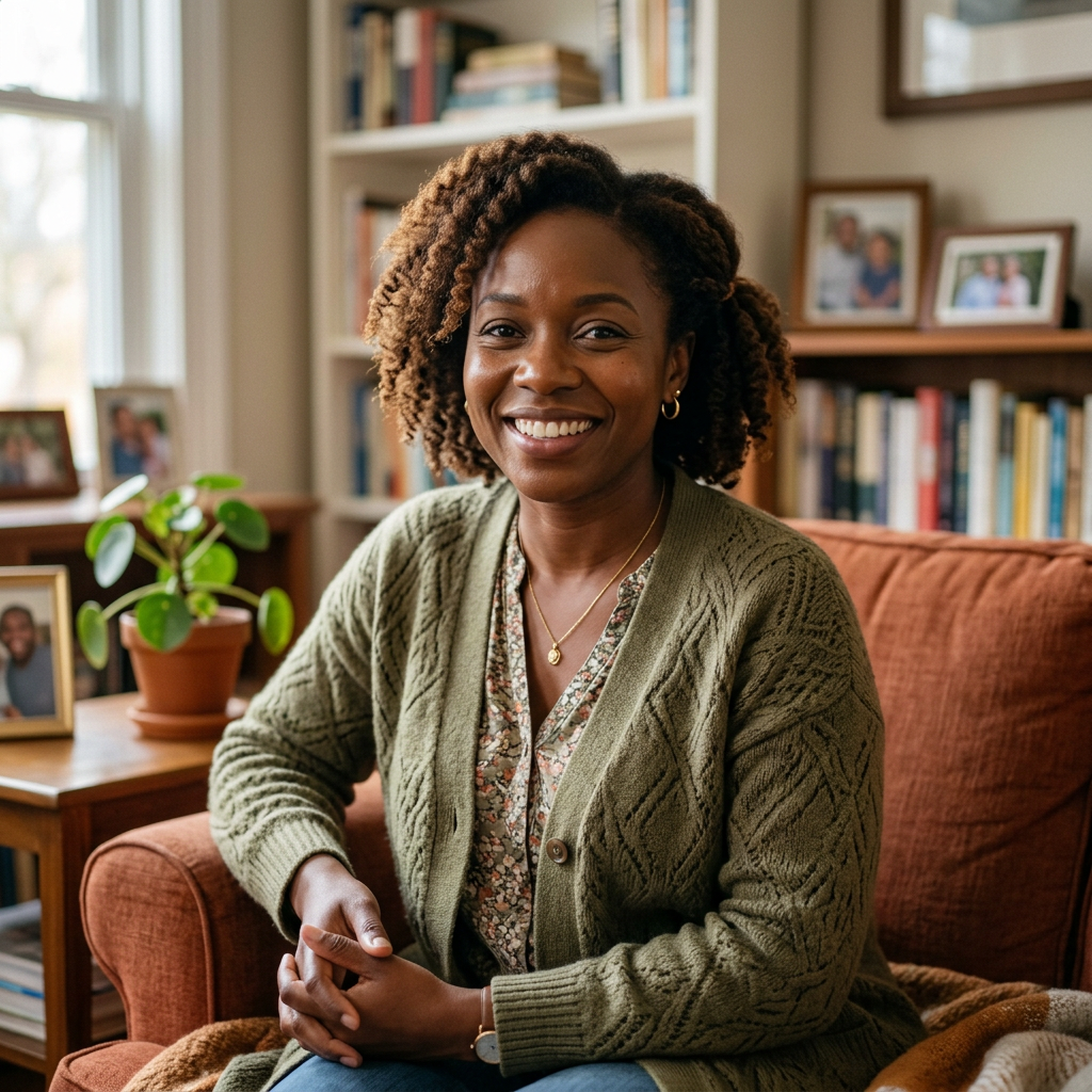 Woman sitting on a sofa with bookshelves and family photos in the background
