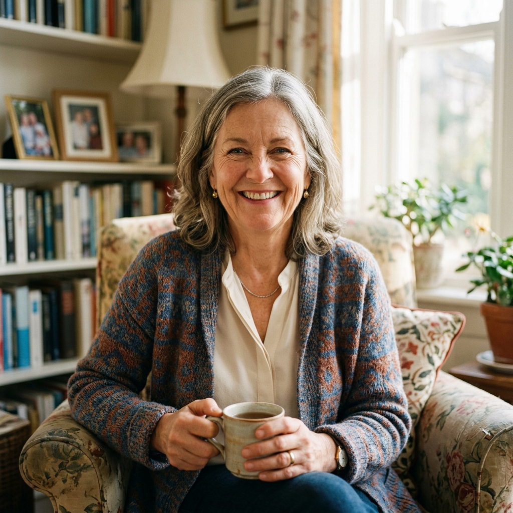 Older woman sitting in a floral armchair holding a mug in a home library