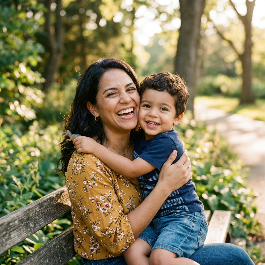 Mother wearing a yellow floral top hugging her smiling young son in a blue shirt and denim shorts on a bench in a park