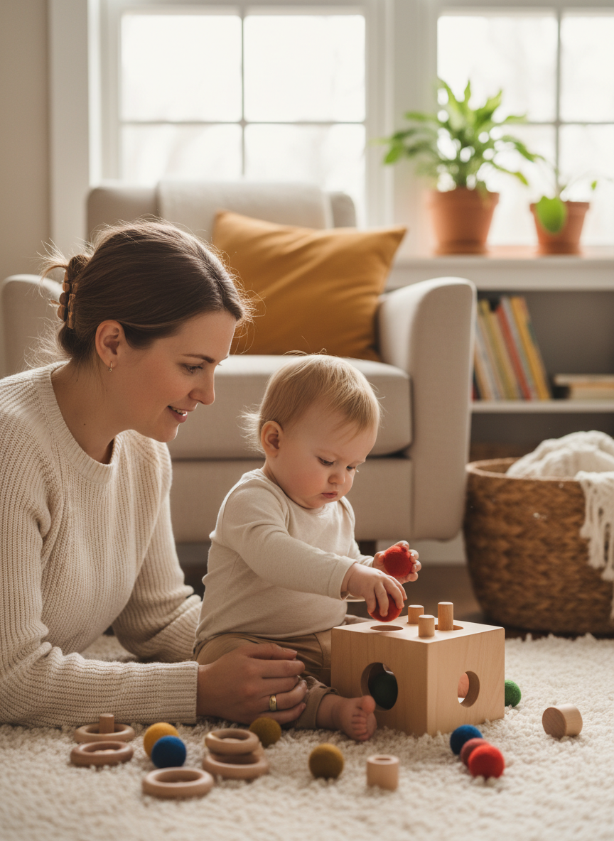 A mother lovingly watching over her 1-year-old baby engaged in a Montessori-style activity